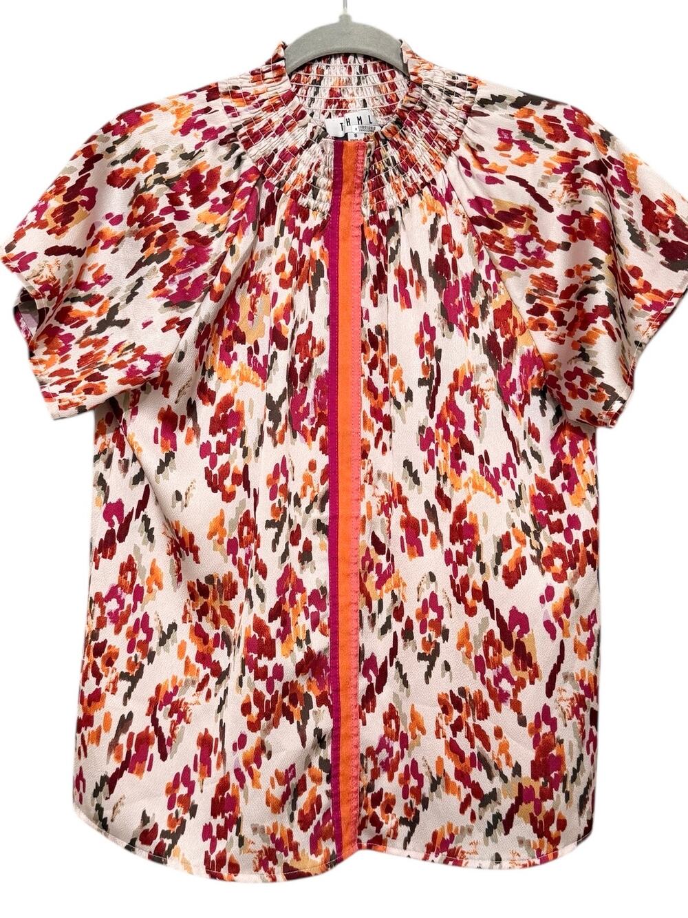 THML Ruffle Sleeve Flower Print Blouse Fall Colorblock Stripe Detail Smocking S